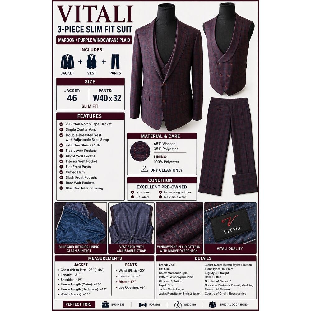 Vitali Mens 3-Piece Suit 46 Slim Maroon Plaid Windowpane Jacket Vest Pants W40